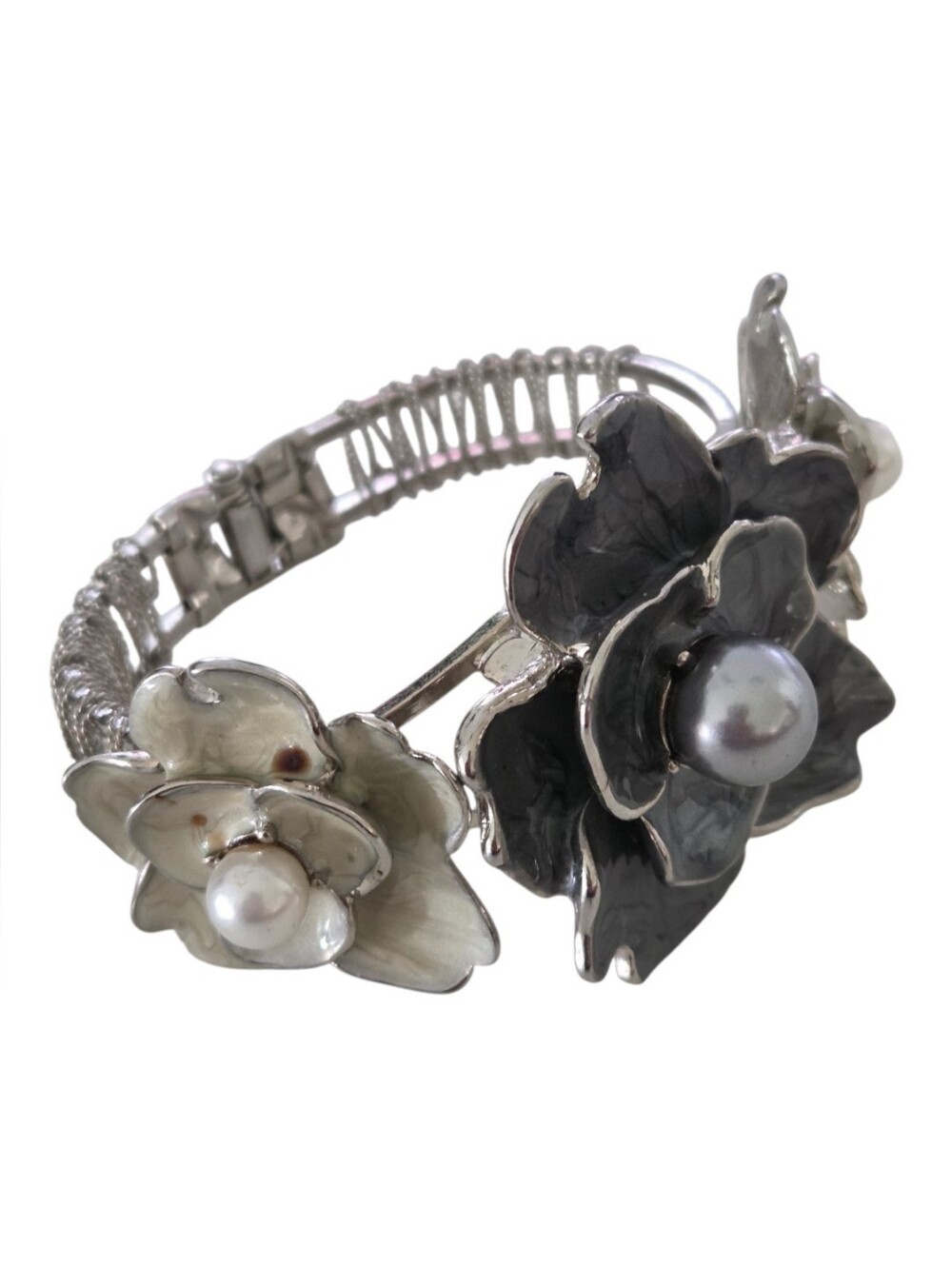 Vintage Silver Enamel Dual Flower Faux Pearl Clamp Cuff Bracelet